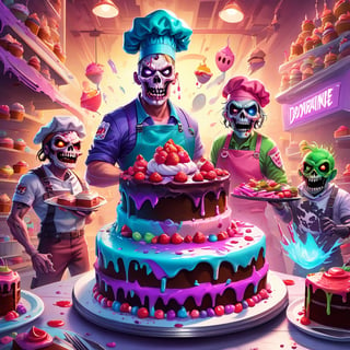 Pastel, a couple of zombies that are standing in front of a cake, mobile game background, cookbook photo, the artist has used bright, lich, fortnite skin, chef hat, adorable horrorcore cartoon, official art, dead and alive, cook, 2. 5 d illustration, pastel poster art by Martina Krupičková, ESAO, Chris LaBrooy, Ron English, Jean-Pierre Norblin de La Gourdaine, shock art, pop surrealism, fantasy art, lowbrow, artstation, behance contest winner, featured on deviantart, cake art, baking artwork, amazing illustration, game promo art
