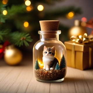 Cute very small chubby cat in a glass potion bottle, miniature cat in a mana bottle, realistic cat, real, natural cat, very small cute cat. Christmas day, Warm atmosphere. Under a christmas tree, gifts, winter style, bottles of cute, beautiful, dramatic, Playful

