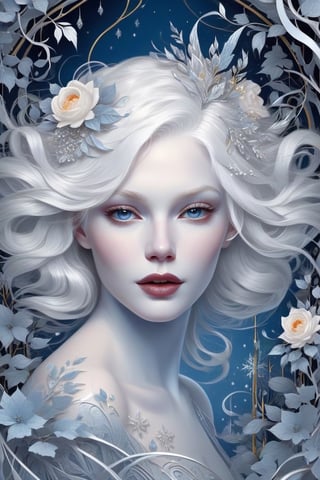Ghostly woman, extremely white skin, albino hair, light grey eyes, flowers and vines, ((midshot)), silver accents, ice queen, icy diamonds, glossy lips, snowflakes, frosted, blue lips, ultra sharp focus, ultra clear, ultra fine, art deco patterns bold-gold-lines flat-shapes, vector painting