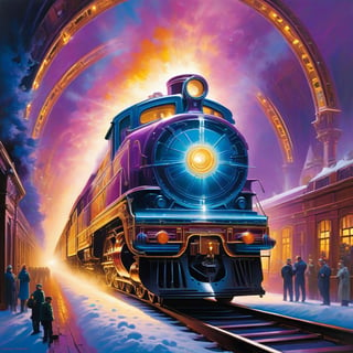 In a brilliantly vivid depiction, the radiant steam-engine train made of crystalized metals. The main subject of this image is a train's well-lit and colorful containment area for passengers. This description is in the form of a painting, showcasing the artist's immense attention to detail. The train's crystalized metallic walls are adorned with a mesmerizing array of shimmering hues, ranging from vibrant blues to deep purples. The sleek design of the ship gleams under the perfect lighting, giving the image a sense of pristine perfection. The sharpness and clarity of the painting perfectly capture every intricacy of the scene, creating a captivating masterpiece that immerses viewers in the vibrant world of space exploration.