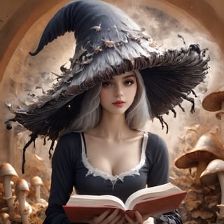 A witch holding a book, Wearing a inkycapwitchyhat made from a single coprinus comatus mushroom cap that is ombre and intricately textured, dreamy library setting, cozy, sharp focus, masterpiece, painting,Decora_SWstyle,photo_b00ster,coprinus_comatus