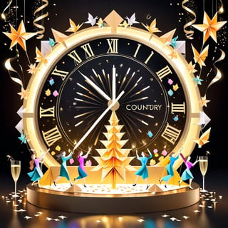 New years countdown clock with origami scenes surrounding it, passing time, new years celebration, people toasting champagne, beauty and memory and love and laughter and light