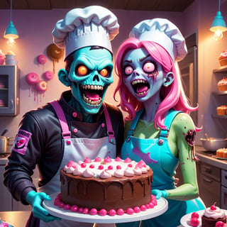 Pastel, a couple of adorable happy bakery zombies that are standing in front of a cake, mobile game background, cookbook photo, the artist has used bright, lich, fortnite skin, chef hat, adorable horrorcore cartoon, official art, dead and alive, cook, 2. 5 d illustration, pastel poster art by Martina Krupičková, ESAO, Chris LaBrooy, Ron English, Jean-Pierre Norblin de La Gourdaine, shock art, pop surrealism, fantasy art, lowbrow, artstation, behance contest winner, featured on deviantart, cake art, baking artwork, amazing illustration, game promo art
