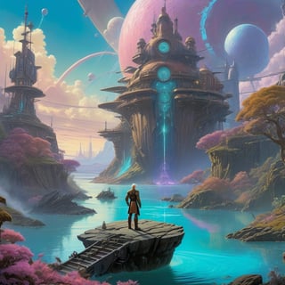 Pastel palette, bathed in dreamy soft pastel hues, pastelpunk aesthetic fantasycore art, Hypermaximalist, hyperrealistic digital painting, a man standing on top of a rock next to a body of water, colorful sci-fi steampunk, intricate environment - n 9, futurisma, inspired by Michael Whelan, powering up. hyperdetailed, connections, multiverse, the incal, futuristic year 4 0 0 0, by Wylie Beckert, 4k panoramic, illustration - n 9, cybergods  