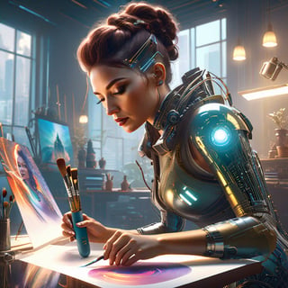 Beautiful portrait of an artist with a cybernetic prosthetic hand, using the cybernetic hand to hold a paintbrush, biopunk robotic hand prosthetic on a woman in her 30s, “the artist at work” painting inside a studio on a sunny day, window to futuristic city in the background, cgsociety, ray tracing on, unreal engine, wadim kashin and carne griffiths, greg rutkowski, loish, rhads, beeple, makoto shinkai and lois van baarle, ilya kuvshinov, rossdraws, tom bagshaw, alphonse mucha, human augmentation, global illumination, UHD, hyperrealistic, cinema 4d, centered