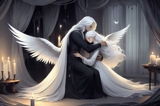 1girl, long hair, black hair, long sleeves, 1boy, sitting, closed eyes, weapon, white hair, wings, indoors, hug, curtains, instrument, ghost, hug from behind, paper, pen, candle