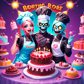Pastel, a couple of zombies that are standing in front of a cake, mobile game background, cookbook photo, the artist has used bright, lich, fortnite skin, chef hat, adorable horrorcore cartoon, official art, dead and alive, cook, 2. 5 d illustration, pastel poster art by Martina Krupičková, ESAO, Chris LaBrooy, Ron English, Jean-Pierre Norblin de La Gourdaine, shock art, pop surrealism, fantasy art, lowbrow, artstation, behance contest winner, featured on deviantart, cake art, baking artwork, amazing illustration, game promo art
