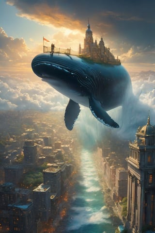Double exposure Watercolor and oil painting of a Beautiful city on top of a Giant whale above the clouds, extremely beautiful nature, Epic masterpiece, sunny lighting by awwchang, concept art, environment design, cgsociety, Tim burton, joel rea, greg rutowski, yuumei, rule of thirds, fantasy, Dream, vibrant, perfect composition, beautiful detailed intricate insanely detailed, trending on artstation, soft natural volumetric cinematic perfect light, chiaroscuro, award - winning illustration, masterpiece, oil on canvas, beeple, beksinski, giger, whimsical ethereal fantastical, trending on artstation, sharp focus, soft light, rough edges, paint drops, glow