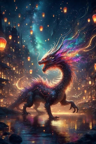 Bold graphic illustration, awesome epic animal, dark lights, nightmare, starry night, splash arts, bokeh, photo, 8k, shot on camera Canon 1DX, 50 mm f/2.8 lens, raw, wlop, greg rutowski, ross tran, detailed matte painting, deep color, fantastical, intricate detail, splash screen, complementary colors, fantasy concept art, 8k resolution trending on Artstation Unreal Engine 5, cgsociety,DragonConfetti2024_XL