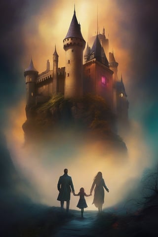 poster featuring the (((title words reading "the castle in the fog" in large fantastical typography))), on a digital illustration featuring two characters sneaking into a castle with a touch of horror. Background and setting that suggests a story beyond the ordinary. Hair and face details, atmospheric, perspective and depth, dynamic composition with a sense of movement. Semi-realistic stylized realism enhanced with artistic flairs. Narrative mystery, an otherworldly atmosphere, mystical and enigmatic with a blend of surrealism and sci-fi and fantasy. Flowing, ethereal. Soft lines, dreamy textures, Strategic use of glowing elements to highlight areas, adding depth and focus.