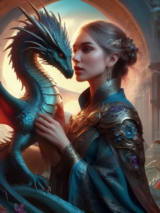 fantasy, woman and a tiny realistic dragon, digital illustration, UHD, a complex and intricate masterpiece clean and sharp,PetDragon2024xl,Decora_SWstyle
