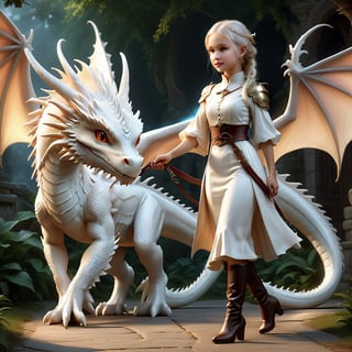 Photorealistic girl walking a dragon on a leash, Full body portrait of an adorable little white dragon and girl,  gentle and charming, tiny dragon , fantasy setting, warm and welcoming expression, (masterpiece: 2), best quality, ultra highres, original, extremely detailed, perfect soft lighting, captivating and lovable character, stunning,PetDragon2024xl