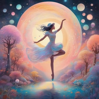 Pastel color palette, in dreamy soft pastel hues, pastelcore, pop surrealism poster illustration ||  silver dancer in a silver night. Swirly. Dynamic. Emotional. Luminous. Gorgeous. luminous colors, highly detailed, intricate motifs, watercolor and golden ink. Starscape background, Yoshikata Amano, Andy Kehoe, Ismail Inceoglu, Victo Ngai, hyperdetailed 8K resolution, perfect quality || bright hazy pastel colors, whimsical, impossible dream, pastelpunk aesthetic fantasycore art, beautiful soft pastel colors