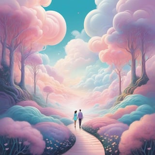 Pastel color palette, bathed in dreamy soft pastel hues || Bold illustration, digital artwork of a couple walking hand in hand in a cloud maze. background with swirling lines and decorative elements. Storybook illustration inspired, charlie bowater and Gediminas Pranckevicius and victo ngai, surreal fantasy illustration, realistic proportions, complex composition, linework, decorative elements, vector painting, highly detailed, digital illustration, artstation, beautiful, wholesome, nostalgia, high quality, cotton-candy-colors || impossible dream, pastelpunk aesthetic fantasycore art, beautiful soft pastel colors