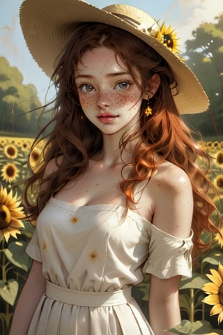 breathtaking painting of a gorgeous girl with a sunhat standing far out in a sunflower field, turning to look at the viewer, curly red hair, windy, cute dusting of freckles on her cheeks and shoulders, (Kokie Childers face, amazing likeness:0.5), off the shoulder white dress with skirt blowing in the wind, whimsical mood, illuminated misty irish forest in the far background, by marc simonetti and yoji shinkawa and wlop, style of guweiz, edwin landseer, eye-catching detail, insanely intricate, vibrant light and shadow ,beauty, paintings on panel, captivating, style of oil painting, modern ink, watercolor, brush strokes, masterpiece, the most beautiful, best quality, something the even doesn't exist, fae magic, mysterious floating lights,Freckles,portrait,freckled girl