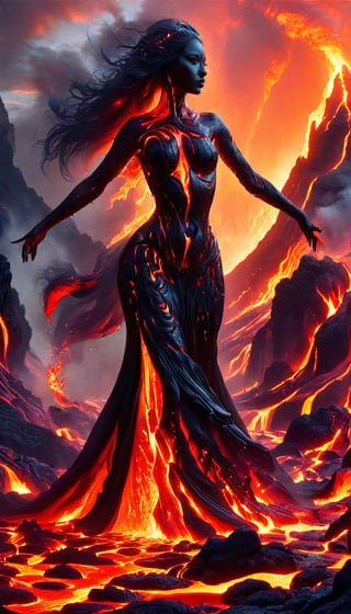 Dark fantasy surrealism :: ominous Inhuman Goddess made of molten lava :: cracks in the skin revealing a fiery glow, it looks rough and uneven, hard and brittle, her body is made of black rock with glowing red cracks :: her hair is like a stream of liquid lava, flowing down the back and dripping to the ground , molten_liquid_lava_hair dripping down :: she is crouching on a rocky surface, emerging from a volcanic eruption ::  rocky landscape with a fiery sky, lava flows and smoke, warm colors :: fiery and intense mood, dark and ominous mood :: lit from below, creating a sense of drama and intensity, illuminated by the fire and the smoke :: dynamic and powerful composition, imposing :: high level of detail, focus on the figure, background out of focus, epic dof :: fantasy art, gothic art, cgsociety :: lava and fire goddess made of black rock and flames,Decora_SWstyle,ral-lava,eyes shoot, 