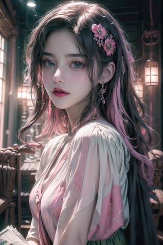 best quality, masterpiece, detailed, 16k, (color, colorful), (muted color, dim color), (noir), beautiful detailed face, beautiful detailed eyes, 8k, femalesolo, prefect body, prefect face, A korean cute girl, very fair skin tone, long white curly hair, red shiny lips((heavy lower lips)), ((luxurious green top and pink long skirt)), (newspaper wall background), sweet smile, Detailedface,pastelbg,newspaper wall, ,magazine cover