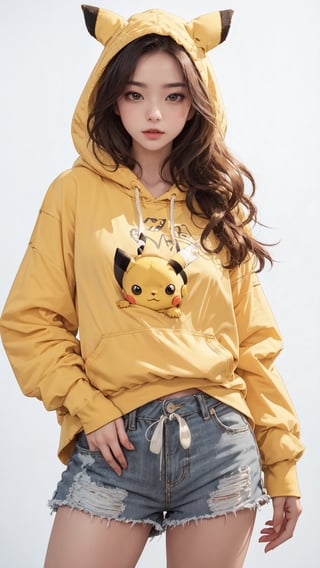 1girl, solo, long hair, (yellow hoodie), (Pikachu hoodie ear), (low rise shorts), sneakers, Confidence and pride,1 girl ,beauty,Young beauty spirit, realistic, ultra detailed, photo shoot, raw photo,white_background