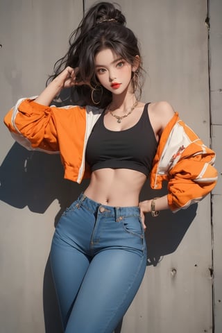  A beautiful girl with a slim figure is wearing a cool jacket and laid-back hippie-style orange crop top and loose pants, hip-hop style clothing. Her toned body suggests her great strength. The girl is dancing hip-hop and doing all kinds of cool moves. Shot from a distance.,Sohwa,medium full shot