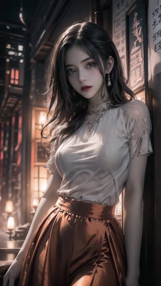 best quality, masterpiece, detailed, 16k, (color, colorful), (muted color, dim color), (noir), beautiful detailed face, beautiful detailed eyes, 8k, femalesolo, prefect body, prefect face, A korean cute girl, very fair skin tone, long white curly hair, red shiny lips((heavy lower lips)), ((luxurious orange top and red long skirt)), (newspaper wall background), sweet smile, Detailedface,pastelbg,newspaper wall, ,magazine cover