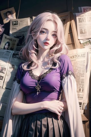 best quality, masterpiece, detailed, 16k, (color, colorful), (muted color, dim color), (noir), beautiful detailed face, beautiful detailed eyes, 8k, femalesolo, prefect body, prefect face, A korean cute girl, very fair skin tone, long white curly hair, red shiny lips((heavy lower lips)), ((luxurious purple top and pink long skirt)), (newspaper wall background), sweet smile, Detailedface,pastelbg,newspaper wall, 