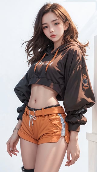 1girl, solo, long hair, (orange full sleeves crop hoodie), (low rise shorts), (waist belts), (red sneakers), Confidence and pride,1 girl ,beauty,Young beauty spirit, realistic, ultra detailed, photo shoot, raw photo,(brilliant composition),white_background