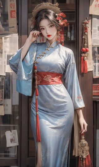  A beautiful girl with a skinny figure, sheis wearing a Chinese traditional style clothes, traditional style clothing. Her toned body suggests her great strength. The girl is stylish photoshoot. Shot from a distance.,Sohwa,medium full shot