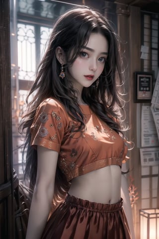 best quality, masterpiece, detailed, 16k, (color, colorful), (muted color, dim color), (noir), beautiful detailed face, beautiful detailed eyes, 8k, femalesolo, prefect body, prefect face, A korean cute girl, very fair skin tone, long white curly hair, red shiny lips((heavy lower lips)), ((luxurious orange top and red long skirt)), (newspaper wall background), sweet smile, Detailedface,pastelbg,newspaper wall, ,magazine cover