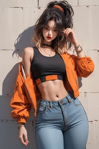  A beautiful girl with a slim figure is wearing a cool jacket and laid-back hippie-style orange crop top and loose pants, hip-hop style clothing. Her toned body suggests her great strength. The girl is dancing hip-hop and doing all kinds of cool moves. Shot from a distance.,Sohwa,medium full shot