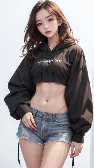 1girl, solo, long hair, (black full sleeves crop hoodie), (low rise shorts), sneakers, Confidence and pride,1 girl ,beauty,Young beauty spirit, realistic, ultra detailed, photo shoot, raw photo,white_background