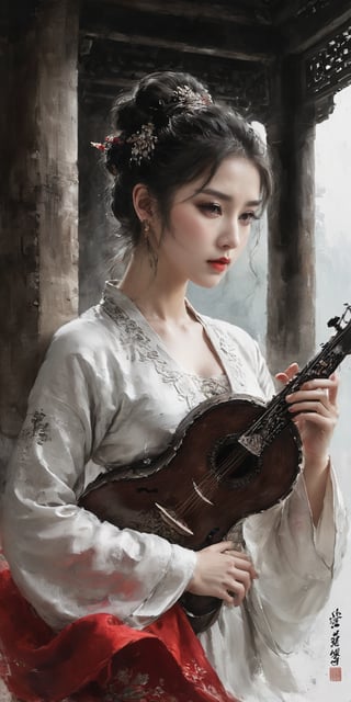 masterpiece, best quality, 32k uhd, insane details, intricate details, hyperdetailed, hyper quality, high detail, ultra detailed, Masterpiece, lute,1girl, ornament,blurry background, hanfu,holding instrument,playing instrument, bare shoulders, full body, A mature facesideways glance, cold attitude,eyeshadow,eyeliner,red lips,watery eyes, Milky skin, 
