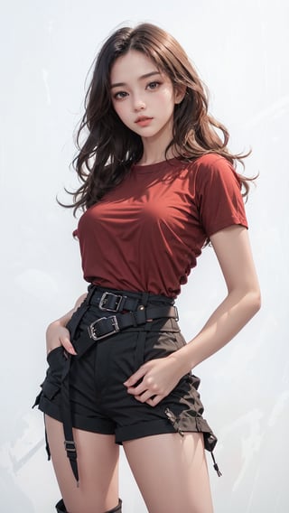 1girl, solo, black long hair, (red shirt), (low rise cargo shorts), (waist belts), (black boots), Confidence and pride,1 girl ,beauty,Young beauty spirit, realistic, ultra detailed, photo shoot, raw photo,(brilliant composition),fullwhite_background