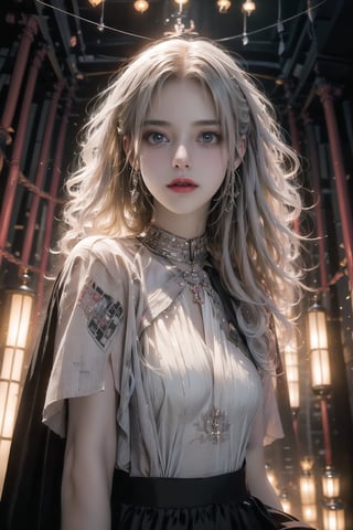 best quality, masterpiece, detailed, 16k, (color, colorful), (muted color, dim color), (noir), beautiful detailed face, beautiful detailed eyes, 8k, femalesolo, prefect body, prefect face, A korean cute girl, very fair skin tone, ((long white curly hair)), red shiny lips((heavy lower lips)), ((luxurious yellow top and black long skirt)), (newspaper wall background), sweet smile, Detailedface,pastelbg,newspaper wall, ,magazine cover