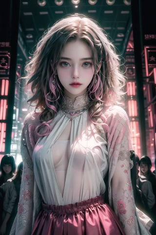 best quality, masterpiece, detailed, 16k, (color, colorful), (muted color, dim color), (noir), beautiful detailed face, beautiful detailed eyes, 8k, femalesolo, prefect body, prefect face, A korean cute girl, very fair skin tone, ((long white curly hair)), red shiny lips((heavy lower lips)), ((luxurious green top and pink long skirt)), (newspaper wall background), sweet smile, Detailedface,pastelbg,newspaper wall, ,magazine cover