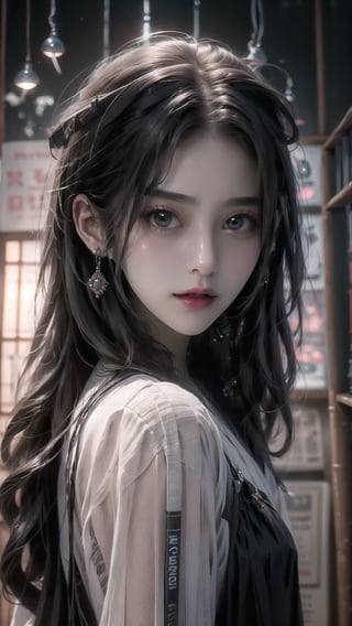 best quality, masterpiece, detailed, 16k, (color, colorful), (muted color, dim color), (noir), beautiful detailed face, beautiful detailed eyes, 8k, femalesolo, prefect body, prefect face, A korean cute girl, very fair skin tone, ((long white curly hair)), red shiny lips((heavy lower lips)), ((luxurious brown top and black long skirt)), (newspaper wall background), sweet smile, Detailedface,pastelbg,newspaper wall, ,magazine cover