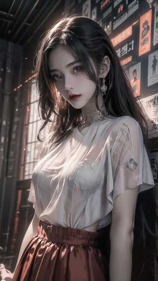 best quality, masterpiece, detailed, 16k, (color, colorful), (muted color, dim color), (noir), beautiful detailed face, beautiful detailed eyes, 8k, femalesolo, prefect body, prefect face, A korean cute girl, very fair skin tone, long white curly hair, red shiny lips((heavy lower lips)), ((luxurious orange top and red long skirt)), (newspaper wall background), sweet smile, Detailedface,pastelbg,newspaper wall, ,magazine cover