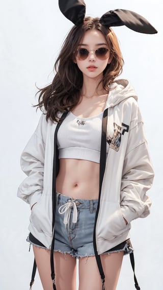 1girl, solo, long hair, (black sunglasses), (white hoodie), (rabbit hoodie ear), (low rise shorts), sneakers, Confidence and pride,1 girl ,beauty,Young beauty spirit, realistic, ultra detailed, photo shoot, raw photo,(brilliant composition),white_background