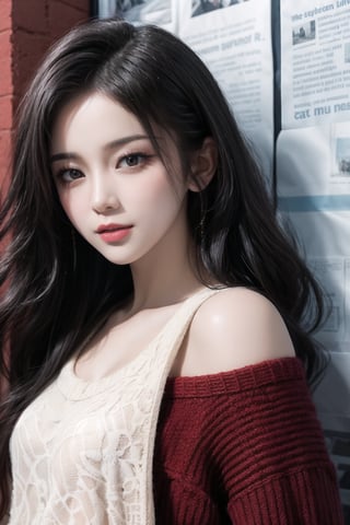 best quality, masterpiece, detailed, 16k, (color, colorful), (muted color, dim color), (noir), beautiful detailed face, beautiful detailed eyes, 8k, femalesolo, prefect body, prefect face, A korean cute girl, very fair skin tone, long white curly hair, red shiny lips((heavy lower lips)), ((red long sweater)), (newspaper wall background), sweet smile, Detailedface,pastelbg,newspaper wall, awsome pose, medium full shot