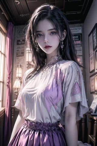 best quality, masterpiece, detailed, 16k, (color, colorful), (muted color, dim color), (noir), beautiful detailed face, beautiful detailed eyes, 8k, femalesolo, prefect body, prefect face, A korean cute girl, very fair skin tone, long white curly hair, red shiny lips((heavy lower lips)), ((luxurious purple top and pink long skirt)), (newspaper wall background), sweet smile, Detailedface,pastelbg,newspaper wall, ,magazine cover