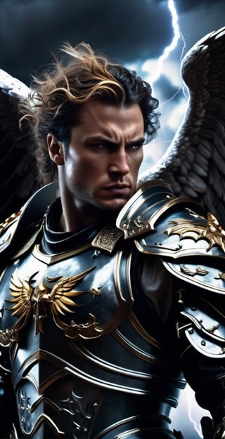 Close-up shot of a fallen angel in tattered celestial armor, clenching its fists in anger, with stormy dark clouds and flashes of lightning in the background. The artwork should be detailed, realistic, and trending on Artstation, in the style of John Milton's Paradise Lost, Baroque, and Gothic,cyborg style