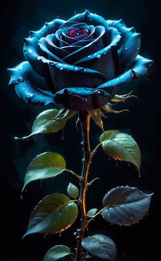 An ominous, bioluminescent rose unfurls its sinister, blackened petals. They exude toxic, glowing radiance, dripping with viscous goo, while dark energy oozes from within.