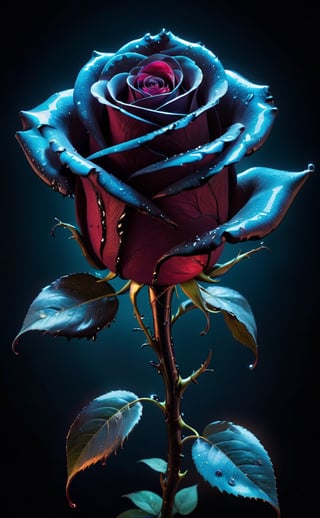 An ominous, bioluminescent rose unfurls its sinister, blackened petals. They exude toxic, glowing radiance, dripping with viscous goo, while dark energy oozes from within.