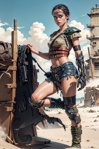 1 girl, alone, (post apocalyptic style), micro shorts, torn denim shorts, cameltoe, tight clothing, torn clothing, military boots, leggings, torn stockings, 1 knee pad, metal shoulder pads, old military helmet, improvised armor,
simple background, desert, sand dunes, just sand,YAMATO,methurlant,ARISTYLE4,ghost nocturnal,weapon,PUB0dysuit,chung,green theme,furiosaimp