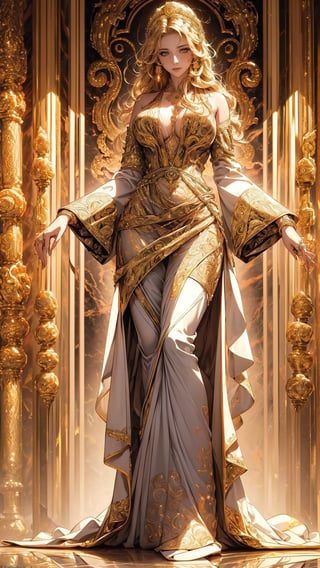 official art, unity 8k wallpaper, ultra detailed, beautiful and aesthetic, beautiful, masterpiece, best quality, tangle,The artwork features a fantasy empress with the most sumptuous wedding dress, intricately carved golden badges and tassels, very large sleeves, golden jewels, (Intricately carved marble background:1.8). (woman, very long hair, full body shot, majestic pose )