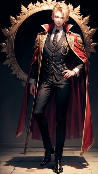 (Tall young handsome man, blonde, red eyes, glowing eyes, levi ackerman hairstyle,) coat, black coat, shirt, red shirt, pants, black pants, crown, king, cape, black waistcoat, ,Hanahaki disease, flower background