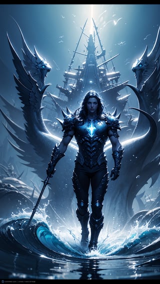 Poseidon, lord of the seas, glowing white eyes, wearing blue garments, trident in hand, commanding the waves of the seas, full body portrait dim volumetric lighting, 8k octane beautifully detailed render, post-processing, portrait, extremely hyper-detailed, intricate, epic composition, cinematic lighting, masterpiece, very very detailed, masterpiece, stunning Detailed matte painting, deep color, fantastical, intricate detail, splash screen, complementary colors, fantasy concept art, 8k resolution trending on Artstation Unreal Engine 5,1 vesus 1