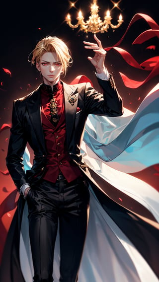 (Tall young handsome man, blonde, red eyes, glowing eyes, levi ackerman hairstyle,) coat, black coat, shirt, red shirt, pants, black pants, crown, king, cape, black waistcoat, ,Hanahaki disease, flower background