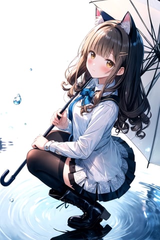 long hair,curly hair, cat ears, best quality, masterpiece, highres, 1girl,  Mahiru Shiina, intricate details, hairpin, looking slightly shyly to the side, dynamic angle, from side, from above, 1girl, solo, holding {transparent umbrella}, looking at viewer, blush, black hair, hair ornaments, hairpin, frilled shirt, lacing sleeves, miniskirt, black legwear, boots, white background, ray tracing, blue light, {waterdrops}, ripples, reflection, light particles, bokeh,
