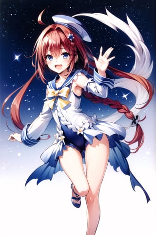 fingers, cowboy shot,1girl, kurosaki meia, solo, long hair, 😘,one-piece swimsuit,detached sleeves,sailor collar,sailor hat,blue eyes, braid, very long hair, open mouth, red hair, smile, hair ornament, white background, simple background, ahoge, full body, :d, single braid, looking at viewer,

 night city background, night sky, stars, cloud, shooting star