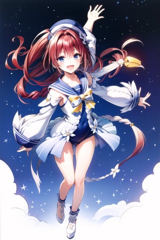 cowboy shot,1girl, kurosaki meia, solo, long hair, 😘,one-piece swimsuit,detached sleeves,sailor collar,sailor hat,blue eyes, braid, very long hair, open mouth, red hair, smile, hair ornament, white background, simple background, ahoge, full body, :d, single braid, looking at viewer,

 night city background, night sky, stars, cloud, shooting star